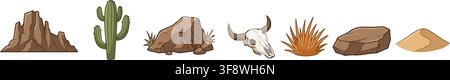 Desert elements vector set featuring stones cactus bull skull mountains and sand dunes Stock Vector