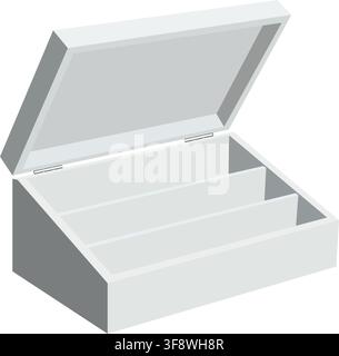 White cardboard storage box mockup with open lid and three internal compartments Stock Vector