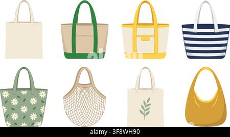 Reusable eco friendly fabric tote bags set with various canvas and mesh designs Stock Vector