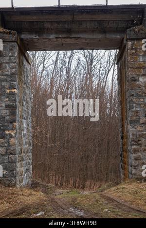 A weathered stone archway frames dense woods in autumn, capturing a sense of discovery and mystery as a path leads into a dormant woodland setting wit Stock Photo