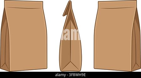 Brown craft paper bag mockups showing front side and perspective vector views Stock Vector