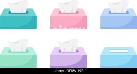Colorful tissue box set with five full dispensers and one empty box Stock Vector