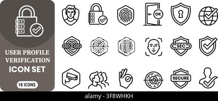 User profile verification icon set featuring security locks shields and biometric identification symbols Stock Vector
