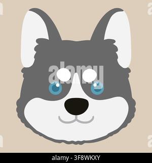 Adorable flat colored grey Husky dog front face illustration Stock Vector