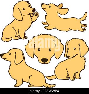 Set of outlined cream miniature dachshund illustrations Stock Vector