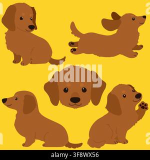 Set of flat colored adorable red Miniature Dachshund illustrations Stock Vector