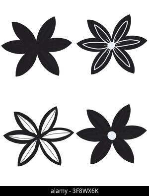A set of four hand-drawn black star-shaped flower silhouettes with pointed petals, some featuring white outline detailing, for botanical branding. Stock Photo