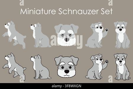 Simple and adorable Miniature Schnauzer dog set illustrations Stock Vector