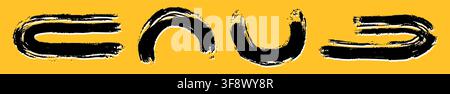 Four black and white dry brush arch elements, wavy semi-circles on yellow background. Stock Vector