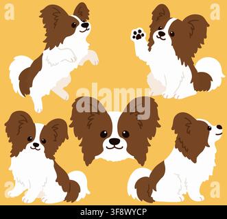 Collection of flat colored brown and white Papillon illustrations Stock Vector