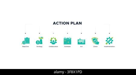 Action plan banner icon of objective, strategy, collaboration, schedule, act, launch, check, and implementation Stock Vector