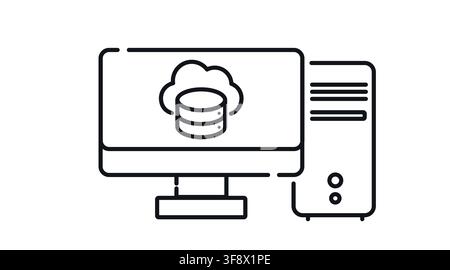 Desktop computer tower and monitor with cloud database cylinder symbol on screen vector icon. Stock Vector