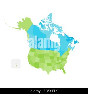 This is a map of the United States and Canada detailing the state borders and regions. It includes Alaska and provides a clear view of political divisions. Ideal for educational use. Stock Vector