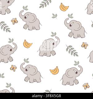 Vector seamless pattern elephants, bananas and butterflies Stock Vector