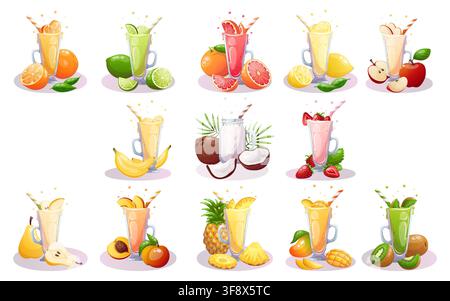 A vector illustration set of fresh fruit smoothies Stock Vector