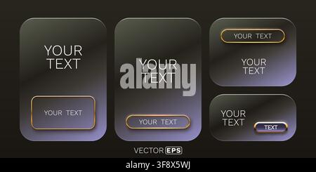 Dark glassmorphism UI elements set. Modern sleek buttons and text frames for digital design. Vector illustration. Stock Vector