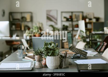 Empty Modern Office Desks with Laptops and Plants Stock Photo
