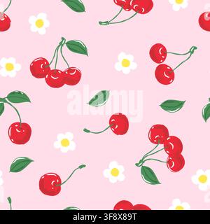 Vector watercolor pink seamless pattern with cherry and white flowers. Hand drawn red cherries berries with leaves. Label package background. Wrapping Stock Vector