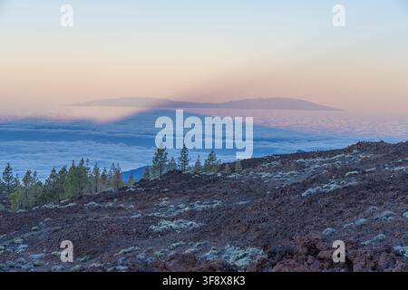 Shadow of Mount Teide over a sea of clouds at sunrise, Tenerife, Canary Islands, Spain Stock Photo