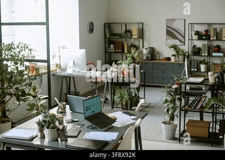 Empty Modern Office with Laptops and Plants on Desks Stock Photo
