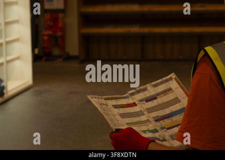 Worker holding store layout blueprint plan construction interior supermarket retail shelving shelves Stock Photo