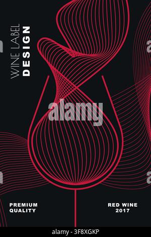 Vector abstract red wine glass label design. Elegant linear graphic layout with glass silhouette on dark background. Creative template for premium qua Stock Vector