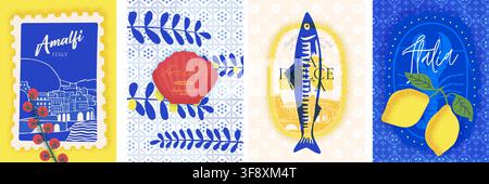 Vintage Italian summer Amalfi lemon pattern vector. Mediterranean blue tile seamless postcard background design. Retro watercolor sea lobster picnic invitation stamp poster template. Stock Vector