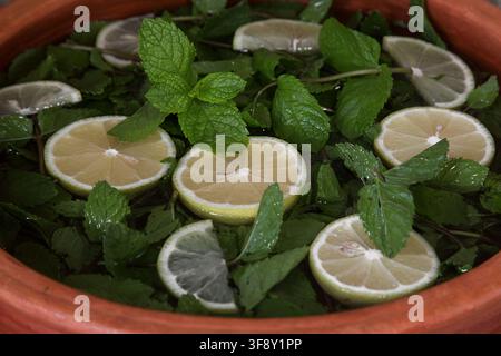 sliced lemon and ginger root with mint sprigs on a dark background Stock Photo
