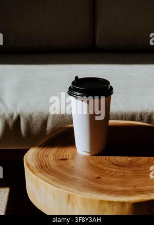 Disposable takeaway coffee cup with black lid on a round wooden table, illuminated by strong warm sunlight Stock Photo