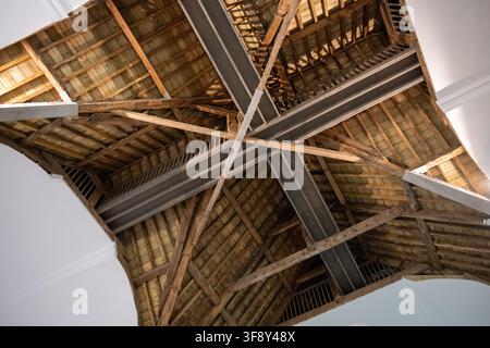Exposed timber roof beams inside the historic St Marys Medieval Mile Museum in Kilkenny, Ireland. Stock Photo