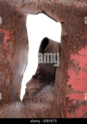 Close Up Of Torn Rusted Metal Sheet Isolated On White Stock Photo
