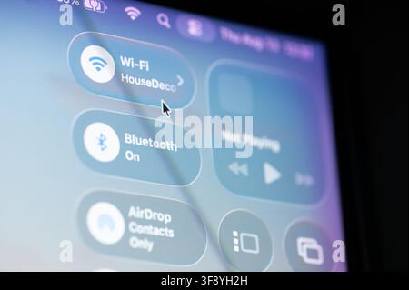 New York, USA - august 13, 2026: Wi-fi connection menu on macOS computer screen close up view Stock Photo