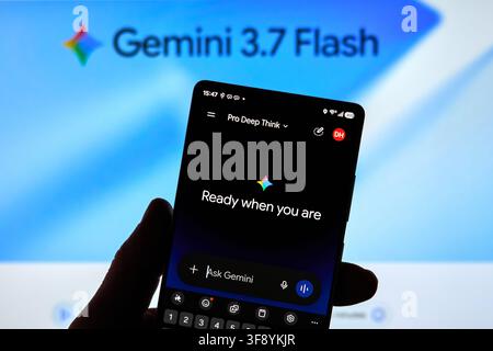 CARROLLTON, TX, USA - AUGUST 12, 2026: A person holds a smartphone displaying the Gemini 3.7 Flash app interface. Gemini is known for its advanced AI- Stock Photo