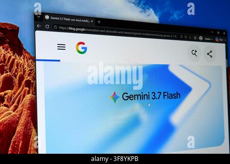 CARROLLTON, TX, USA - AUGUST 12, 2026: The homepage of Google showcasing Gemini 3.7 Flash is visible on a computer screen. This new version highlights Stock Photo