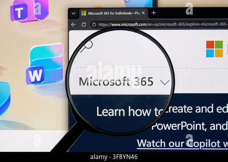 CARROLLTON, TX, USA - AUGUST 01, 2026: A magnifying glass highlights the Microsoft 365 web page on a computer screen, showcasing various application i Stock Photo