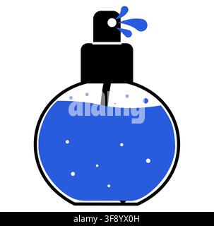 Round blue liquid spray bottle icon with black pump three droplets bubbles dip tube and spherical body shape. Great for perfume fragrance cosmetic beauty packaging UI logos branding graphics Stock Vector