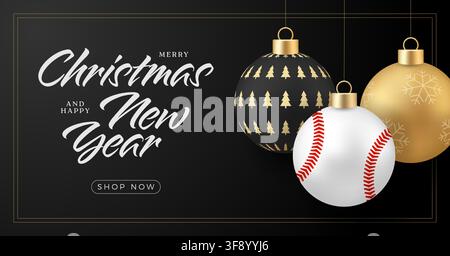 Elegant Christmas and New Year Greeting Banner featuring unique Baseball Ornament, festive golden baubles, and modern holiday typography for seasonal Stock Vector
