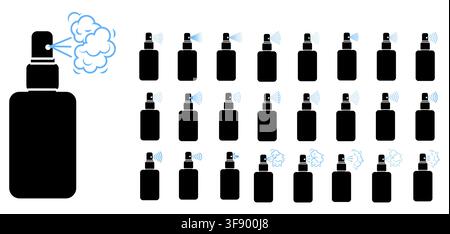 Set of twenty five black spray bottle icons with light blue mist jets fans clouds arcs droplets and stream effects. Perfect for deodorant fragrance cleaning UI pictograms logos branding Stock Vector