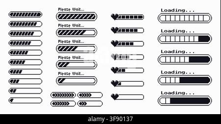Pixel art progress bars and health status bars set Stock Vector