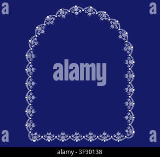 White folk floral lace arched border with flower scallops plus tiny crown accents forms vintage embroidery ornament. on navy as decorative trim isolated for wedding invitations or cottagecore cards. Stock Vector