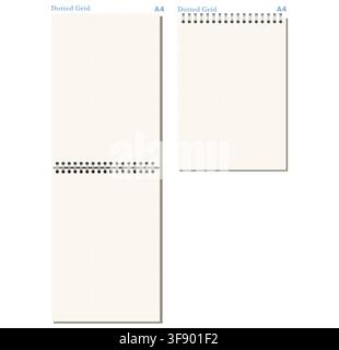 Ivory dotted grid notebook page shows fine ruling, black wire binding, and varied formats on light gray background. Suitable for schoolwork, planning, stationery layouts, notes and printable Stock Vector
