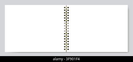 White blank notebook page shows unruled surface, side wire binding, and upright portrait format on light gray background. Suitable for schoolwork, planning, stationery layouts, notes and printable Stock Vector