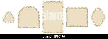Beige filled bow lace frames form arch, diamond, triangle, tall rectangle plus wide horizontal borders with gold pearl garland scallops as coquette decorative trim on white for wedding cards. Stock Vector