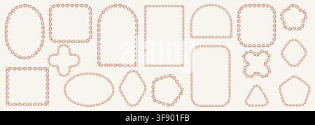 Terracotta heart chain lace border frames form rectangle, oval, arch, pentagon plus diamond shapes as delicate romantic trim on cream background for wedding valentine stationery labels. Stock Vector