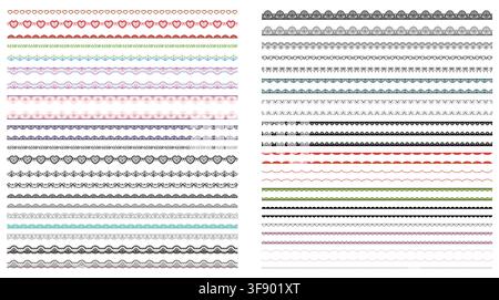 Mixed lace border trim set in black, red, pink, green, blue with scalloped crochet patterns, heart motifs, bow accents on white background for wedding dividers, craft stationery labels. Stock Vector