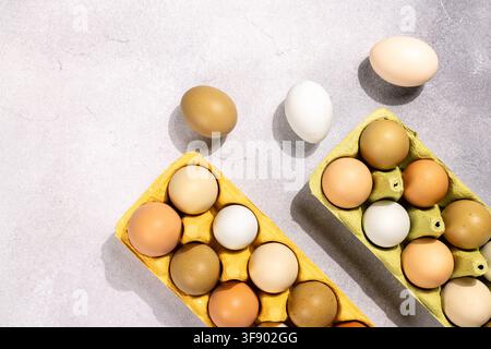 Grouping of fresh organic eggs showing a variety of colors and textures. Arranged in two eco friendly cartons and scattered on a gray concrete surface Stock Photo