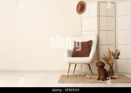 Cozy living room interior with a small brown poodle sitting on a rug next to a white armchair and decorative screen Stock Photo