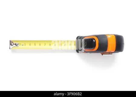 Orange and black tape measure with yellow retractable ruler extended, construction and measurement tool, isolated on a white background Stock Photo