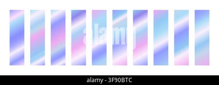 Iridescent gradient swatches. Holographic backgrounds. Pearl colors and smooth surreal backdrops vector set Stock Vector