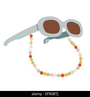 Light blue oval sunglasses with colorful beaded strap chain vector illustration. Summer beach fashion eyewear isolated on white background Stock Vector